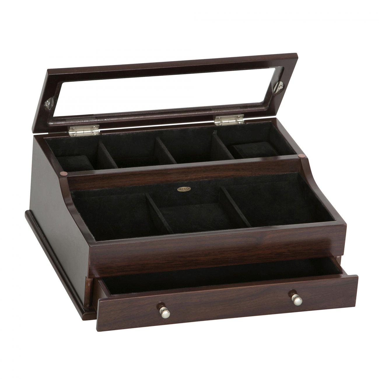 Sleek, Rich Mahogany Colored Dresser Top Valet with Watch Storage and